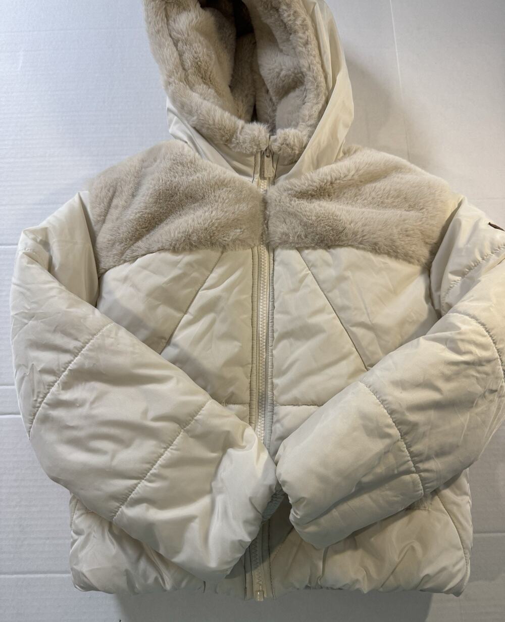 Koolaburra by UGG Girls 7/8 Hooded Puffer Jacket Ivory/Beige Faux Fur Trim